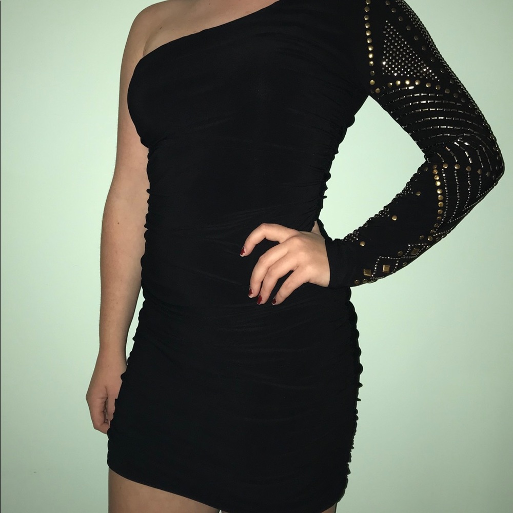 One Shoulder, Black & Gold Bodycon Dress